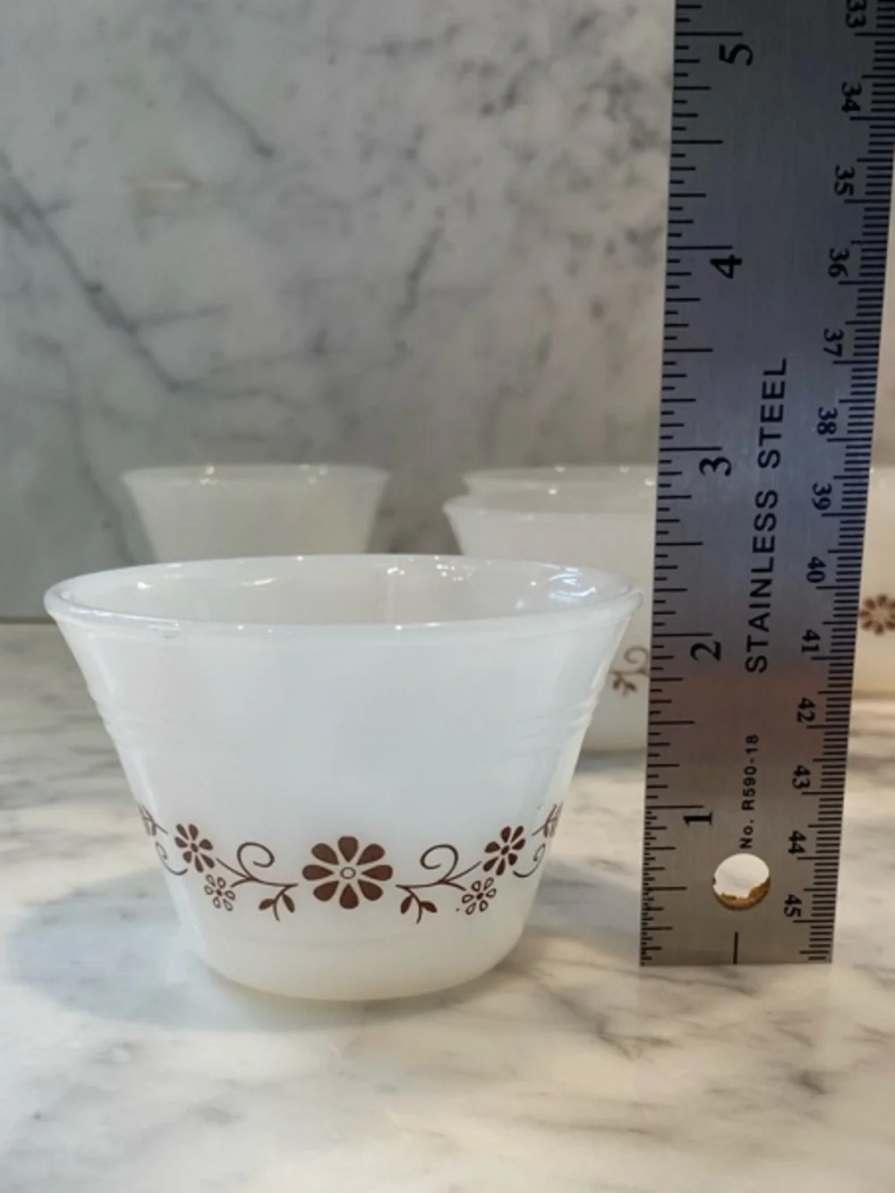 Set of Vintage Dynaware Pyr-O-Rey White Milk Glass Bowls w/Brown Floral Design - Picture 8 of 8